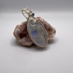 Rainbow Moonstone Sterling Silver Wire Wrapped Pendant (with Aquamarine spikes!)